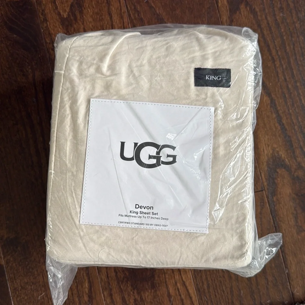 NIB UGG Devon King 4 Piece Sheet Set- Natural Parchment- Fits Mattress 17” Deep